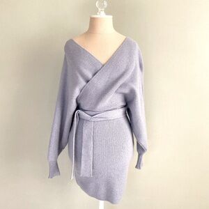 Hidden Label Mini Lavender Grey Blue Wrap Sweater Dress Small Plunge V Neck EUC